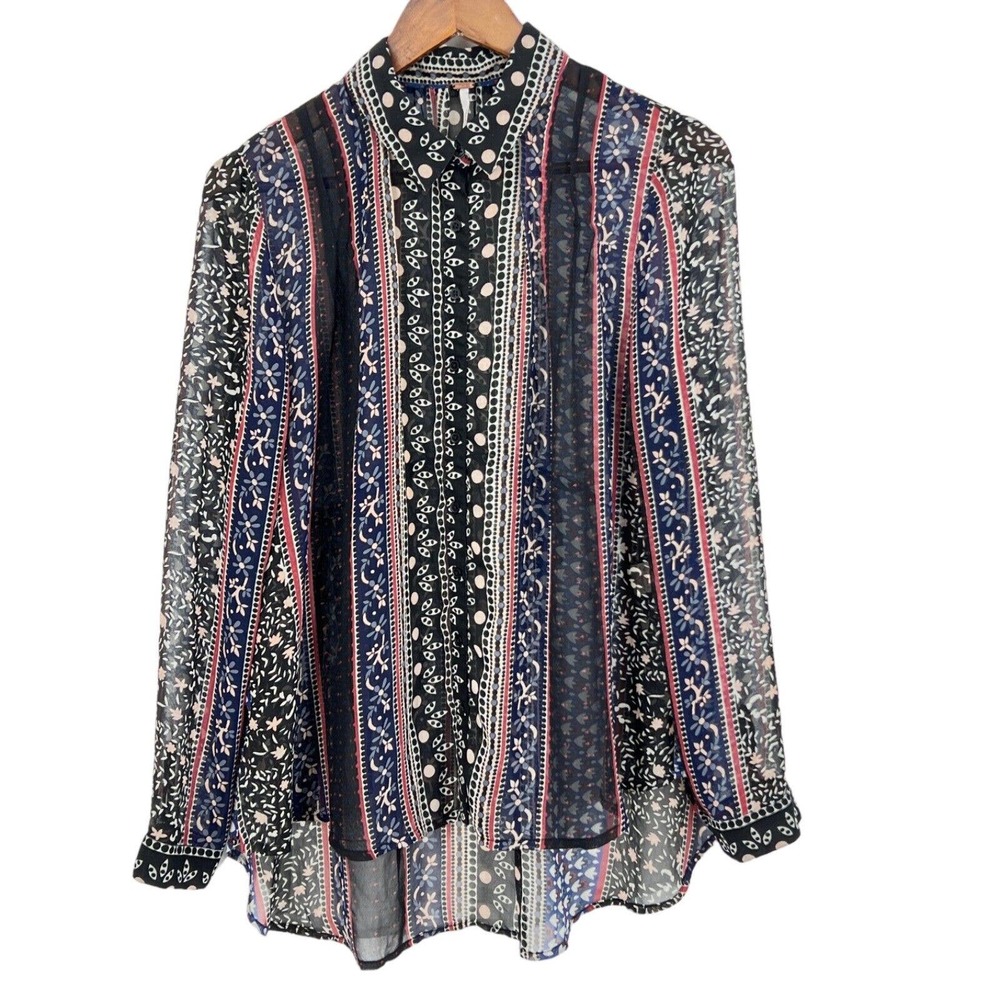 Free People Womens Size Small Top Collared Button Front Tie LS Semisheer Boho